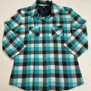VANS Skate Teal Black White Plaid 1/2 Sleeve Button-Up Shirt Junior Medium